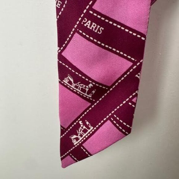 HERMES Silk Twilly Scarf. Buloc Logo Ribbon" Pink 33" L X 2" W - Picture 4 of 6